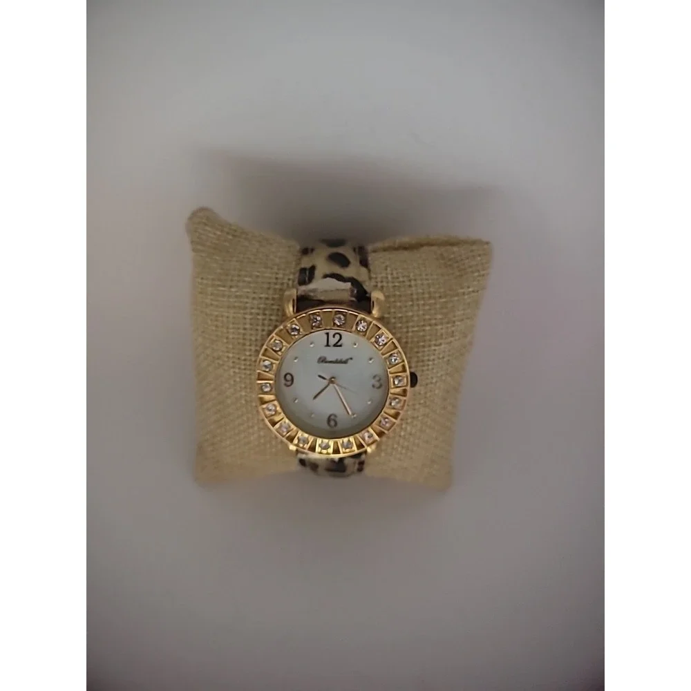 Vintage Bombshell Wristwatch Watch Leopard Print Strap Rhinestones Jewelry